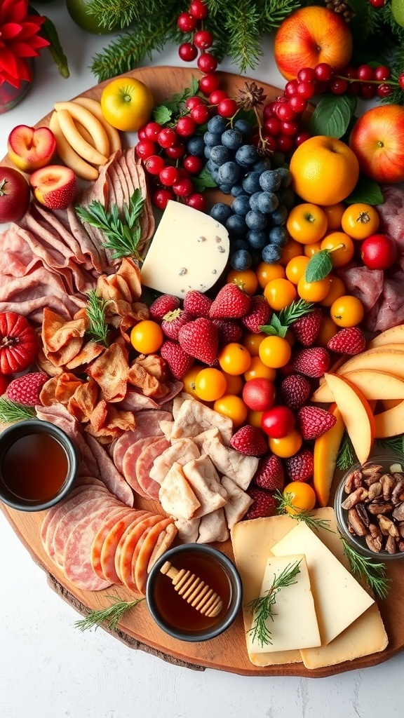 Festive Christmas Charcuterie Board with Fruit A festive charcuterie board with meats, cheeses, fruits, nuts, and honey for Christmas.
